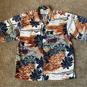 Reservoir World Wide Hawaiian Shirt Mens Large Short Sleeve Palm Trees Button